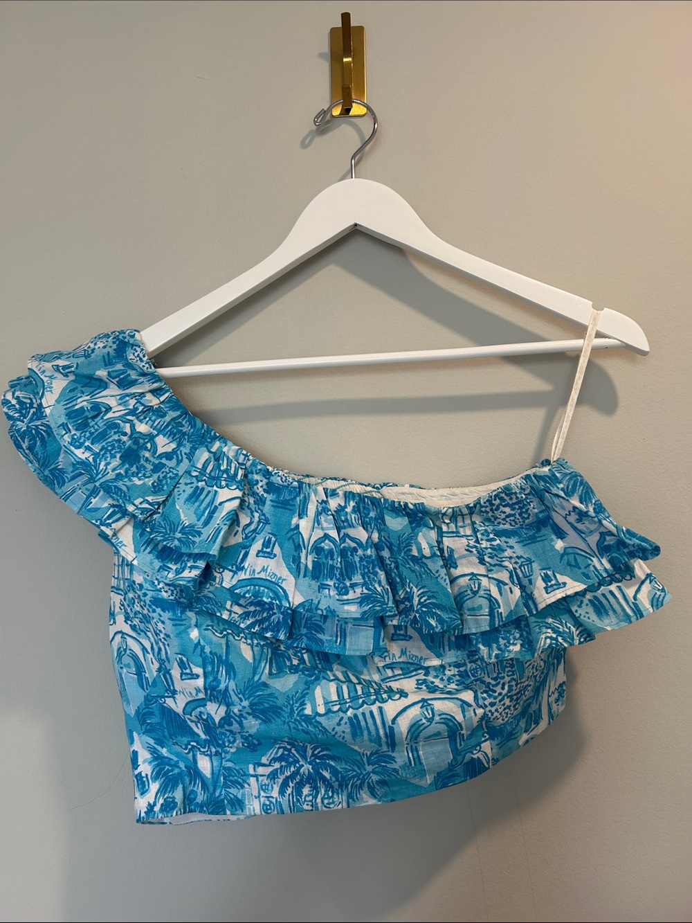 Lilly Pulitzer Blue Tropical One-Shoulder Ruffle Crop Top